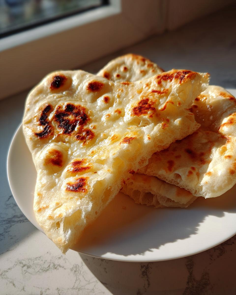 Close-up of fluffy homemade naan bread stacked on a white plate, showing soft texture and golden-brown charring.