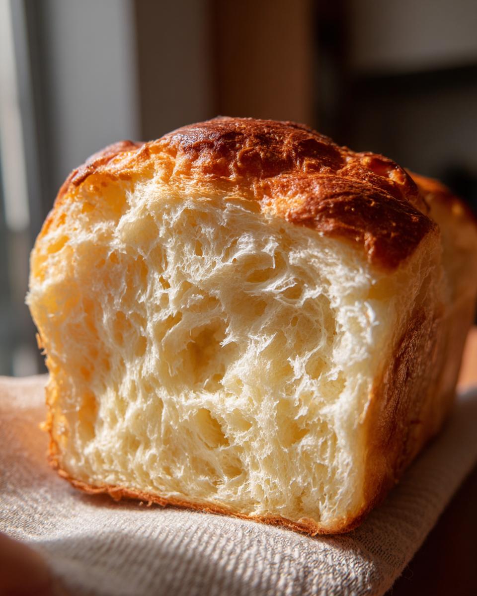 Close-up of the incredibly soft, fluffy interior crumb of freshly baked Japanese milk bread.