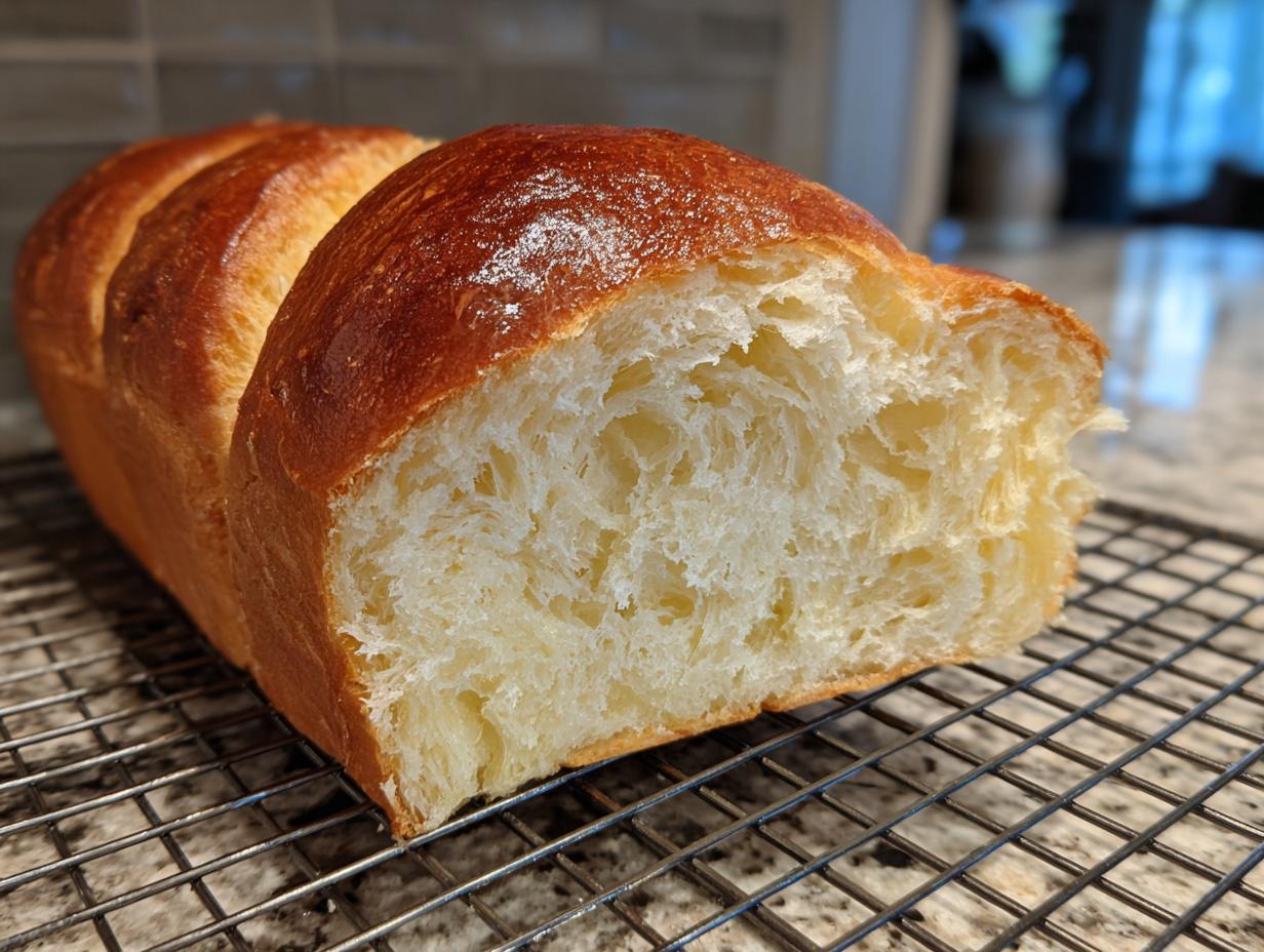 Close-up of a freshly baked Japanese milk bread loaf cut open, showing its incredibly soft, feathery crumb texture.