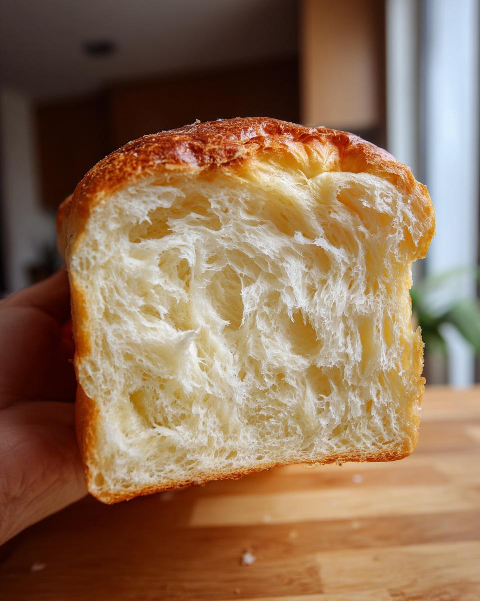 Close-up of a slice of Japanese milk bread showing its incredibly soft, feathery, and white interior crumb structure.