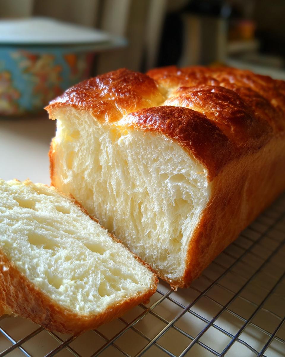 Close-up of a freshly baked loaf of Japanese milk bread, showing its soft, white interior and glossy, golden-brown top.