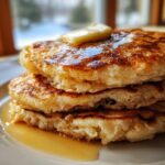 Close-up of a stack of three fluffy old fashioned pancakes topped with melting butter and syrup.