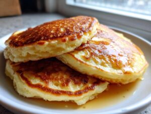 Close-up of three thick, fluffy old fashioned pancakes stacked on a white plate, drizzled with syrup.