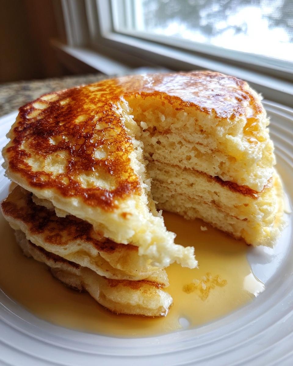 A thick stack of fluffy old fashioned pancakes, cut to show the airy interior, drizzled with maple syrup on a white plate.