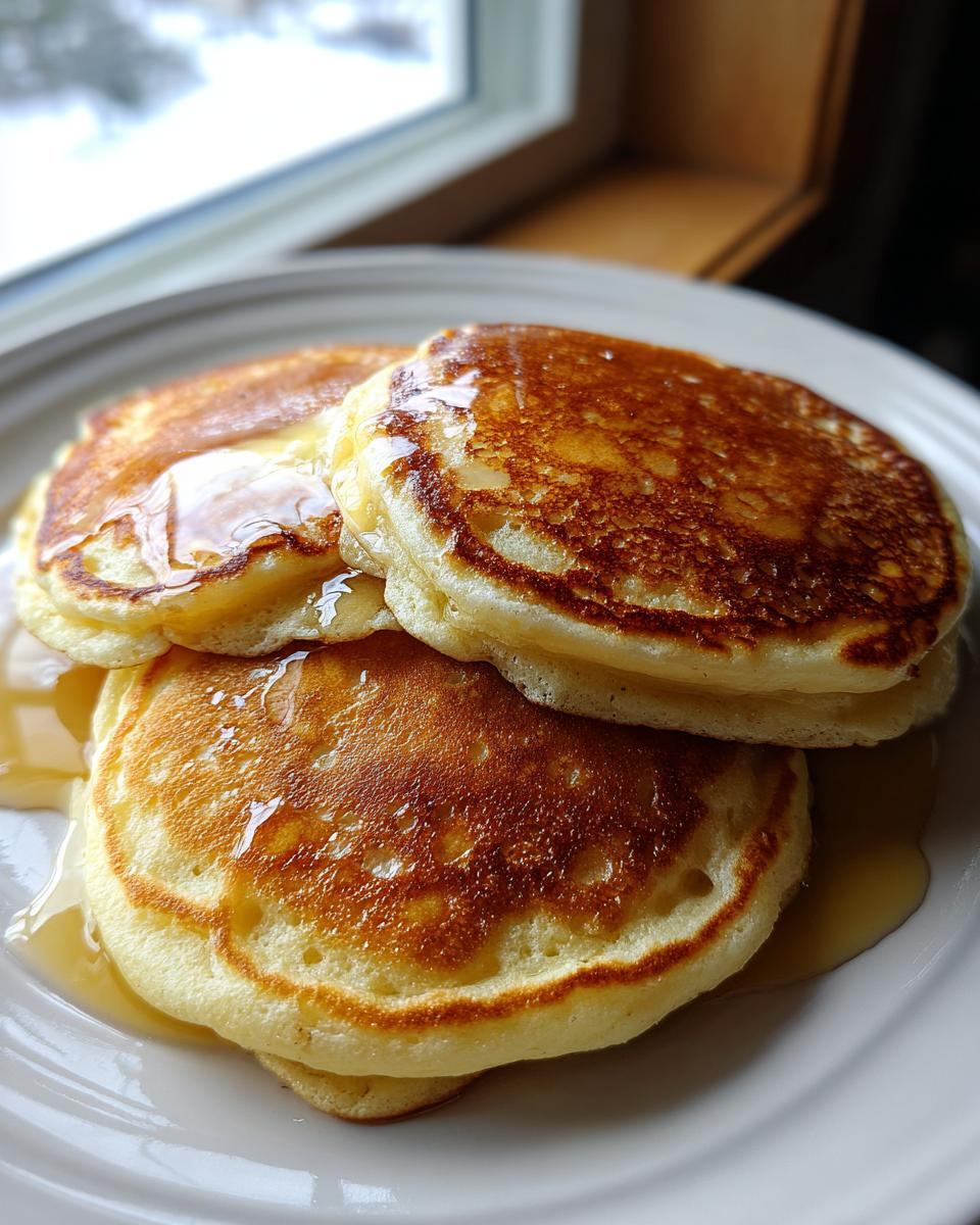 A stack of three fluffy old fashioned pancakes generously drizzled with golden syrup on a white plate.