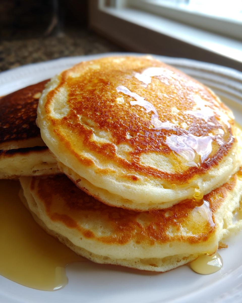 Close-up of a stack of three fluffy old fashioned pancakes drizzled generously with golden syrup.
