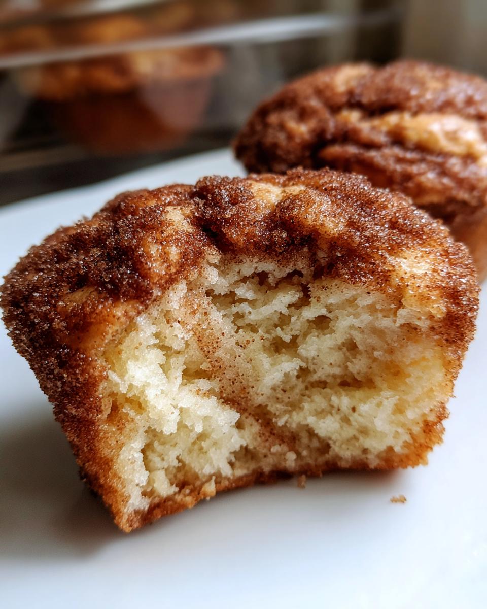 Close-up of a snickerdoodle muffin cut in half showing the soft, fluffy interior and cinnamon sugar topping.