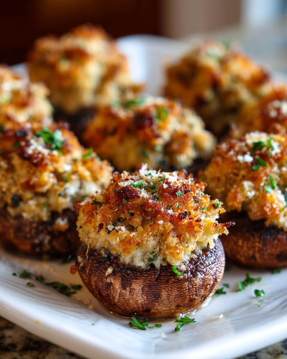 Close-up of several golden brown stuffed mushrooms topped with breadcrumbs and parsley on a white plate.