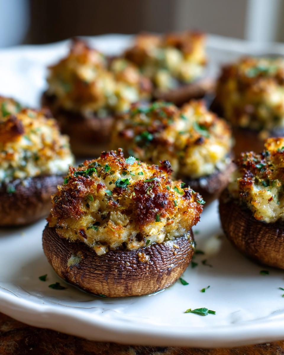Close-up of golden brown, baked stuffed mushrooms topped with herbs on a white plate.