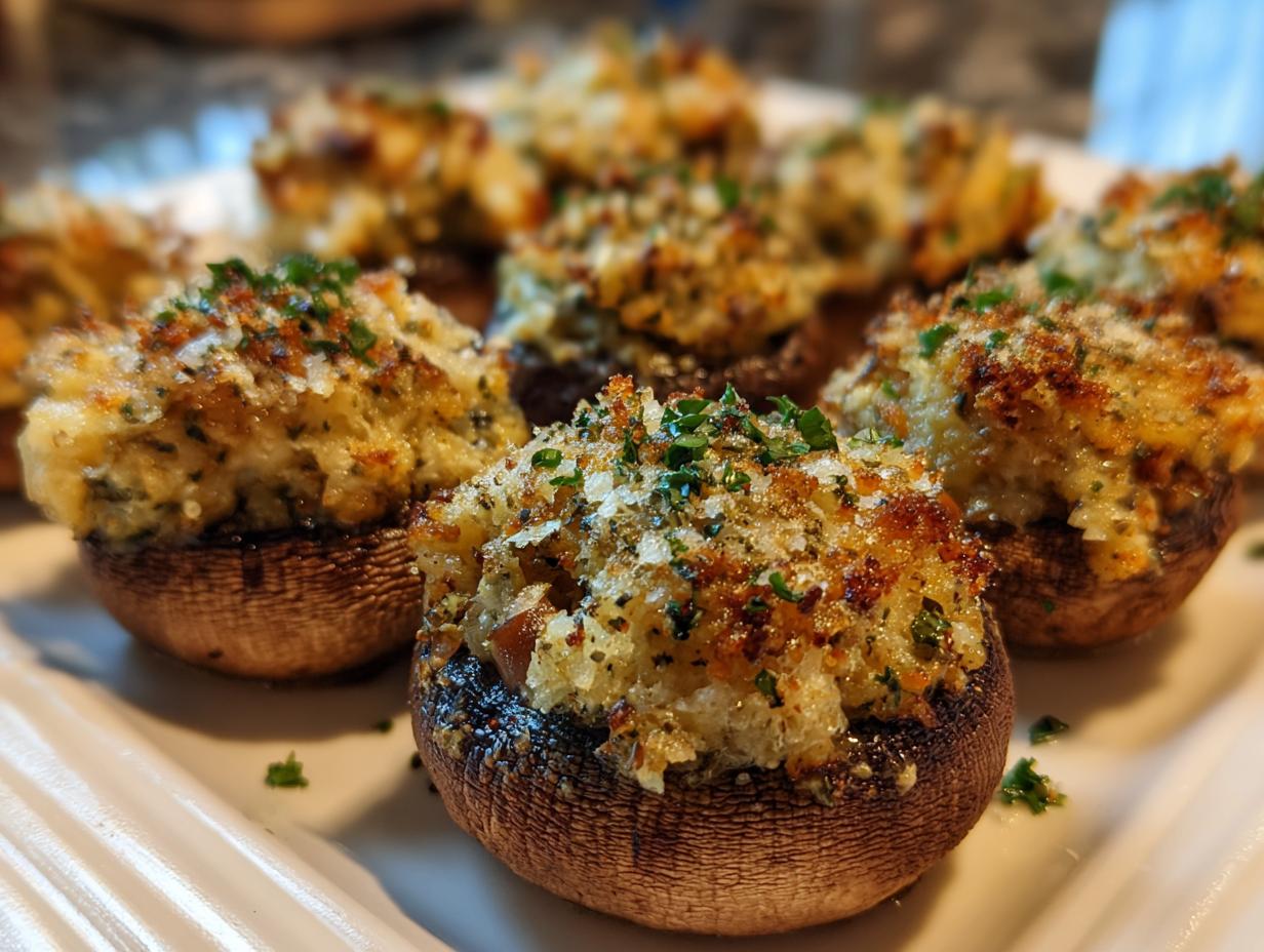 Close-up of several golden-brown stuffed mushrooms topped with breadcrumbs and fresh parsley.
