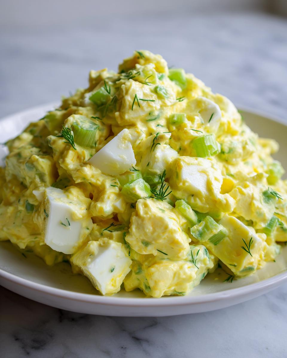 A close-up of creamy, yellow egg salad mixed with chopped celery and garnished with fresh dill.
