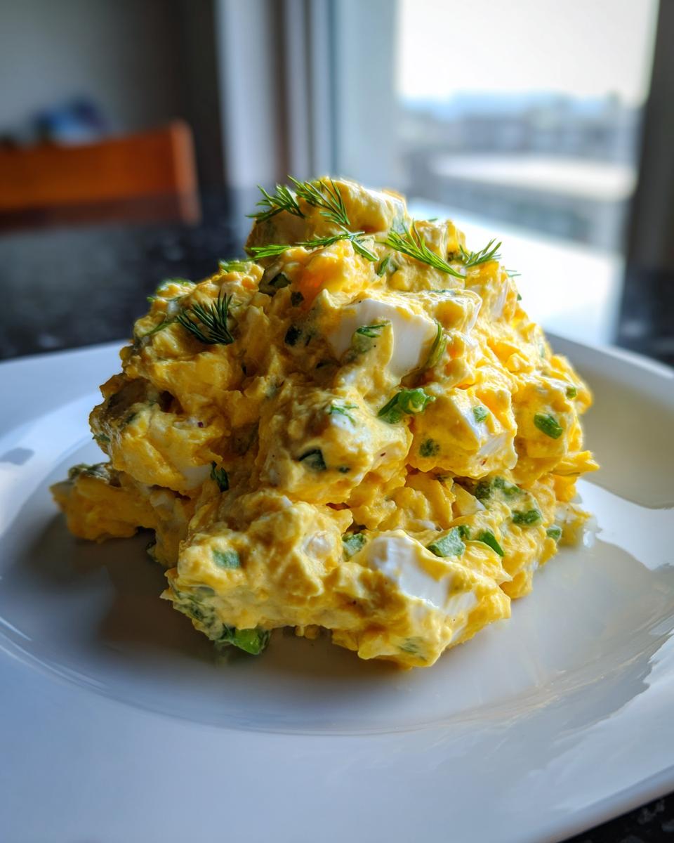 A generous mound of creamy, bright yellow egg salad mixed with green onions and topped with fresh dill sprigs.