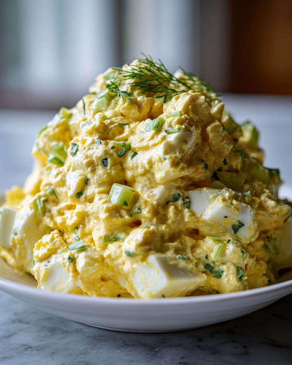 A close-up of a heaping mound of creamy, yellow egg salad mixed with celery and herbs, garnished with fresh dill.
