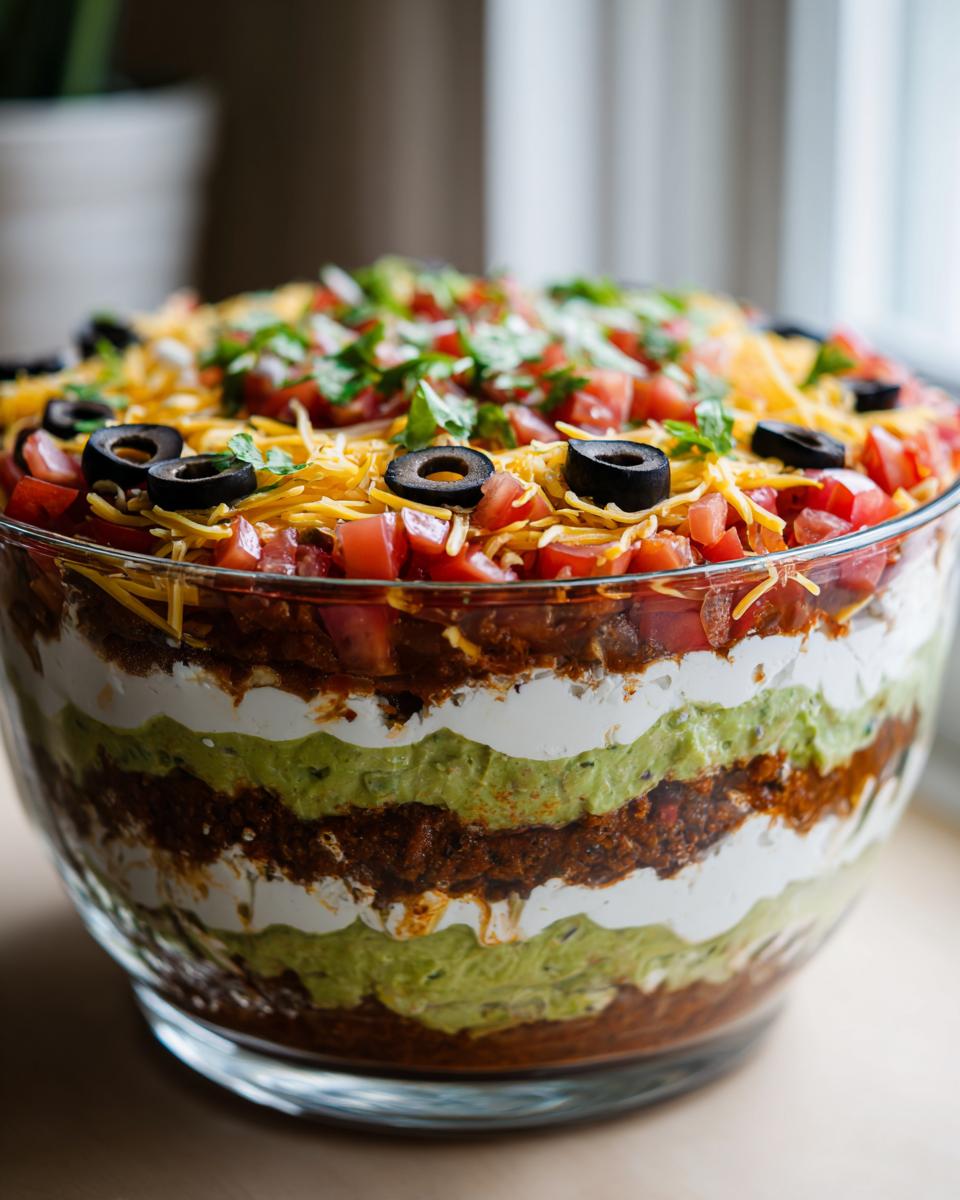 Close-up of a towering Seven layer dip in a clear glass bowl, topped with cheese, tomatoes, olives, and cilantro.