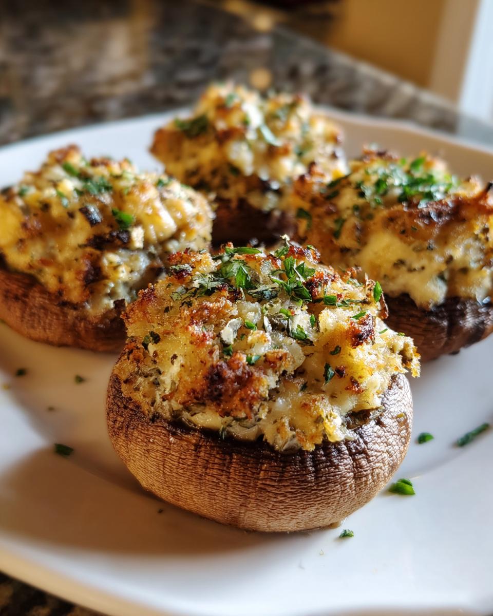 Four golden-brown stuffed mushrooms topped with herbs served on a white plate, showcasing the cheesy filling.