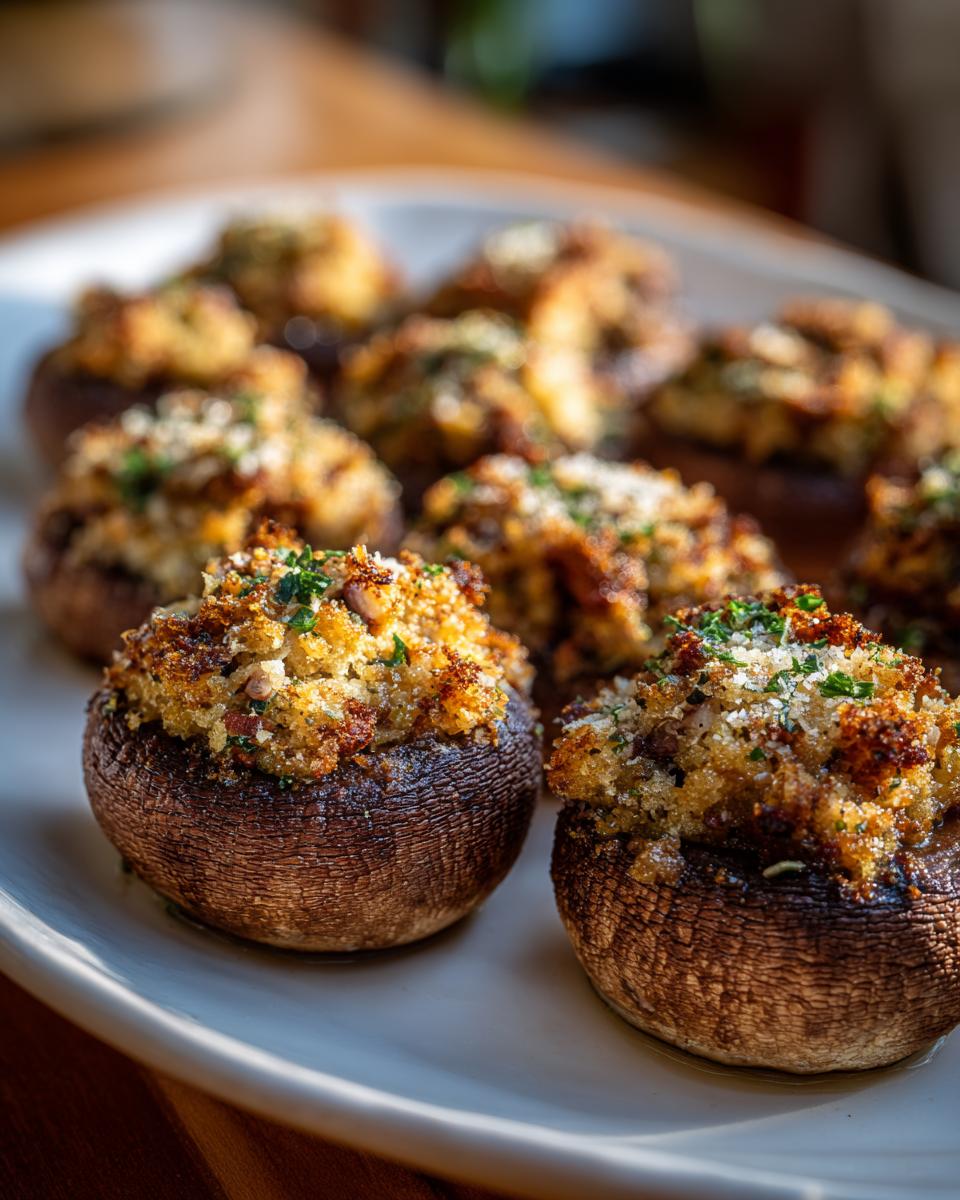 Close-up of perfectly baked stuffed mushrooms with a golden, crispy breadcrumb topping and fresh parsley.