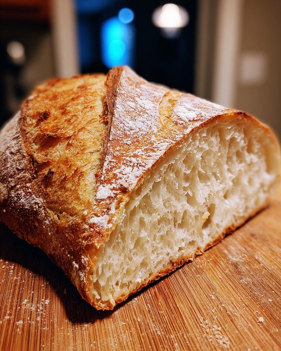 Close-up of the airy, open crumb structure inside a loaf of homemade french bread with a golden, flour-dusted crust.