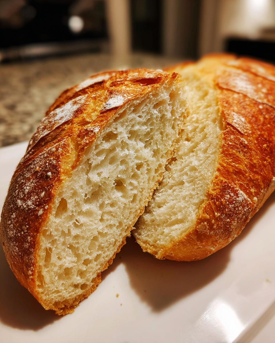 Close-up of a freshly baked french bread loaf sliced open, showing the airy, open crumb structure.