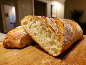 Close-up of a freshly baked french bread loaf cut in half, showing the open, airy crumb structure.
