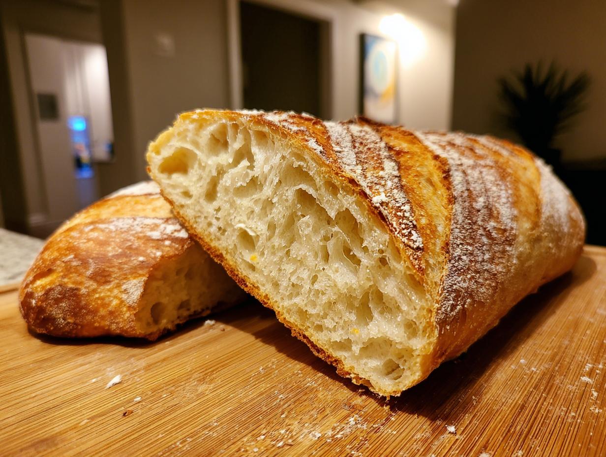 Close-up of a freshly baked french bread loaf cut in half, showing the open, airy crumb structure.