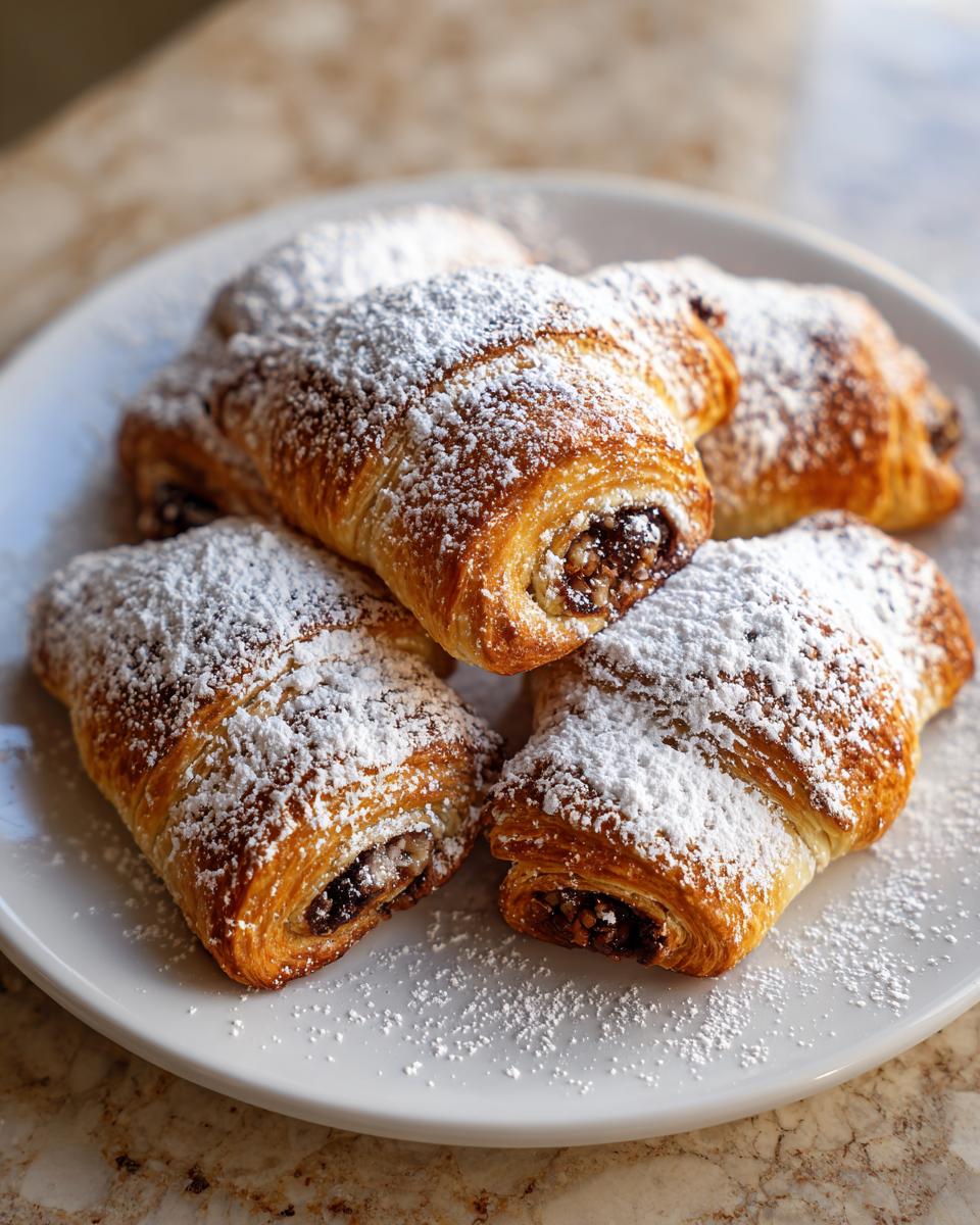Four golden brown Rugelach pastries filled with nuts and generously dusted with powdered sugar on a white plate.