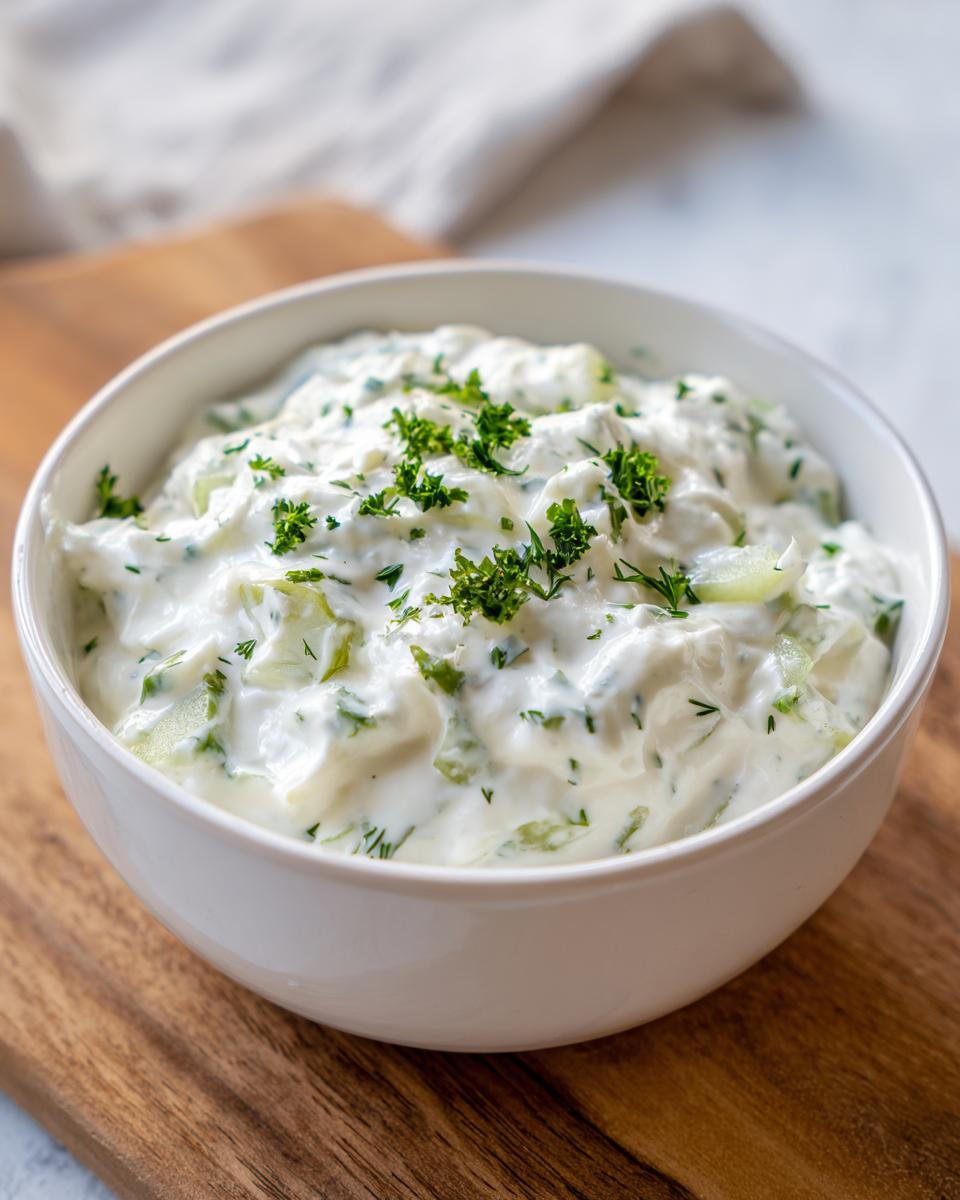 Close-up of a white bowl filled with creamy homemade tartar sauce recipe, garnished with fresh parsley.