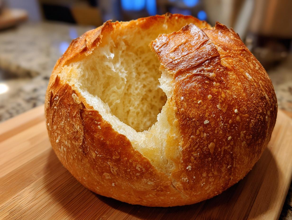A freshly baked, round bread bowl with the top cut out, ready to be filled with soup.