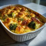 A golden-brown, bubbling broccoli casserole topped with crunchy breadcrumbs, fresh from the oven.