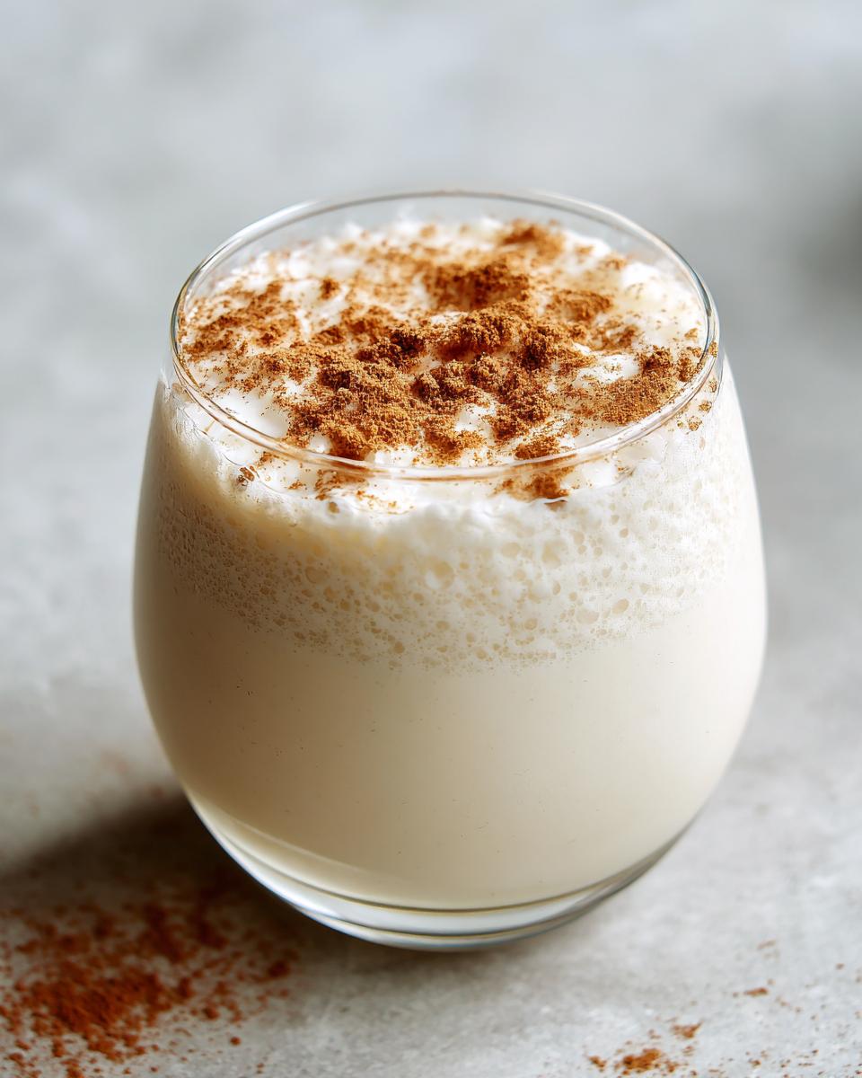 A close-up of a glass filled with creamy, frothy coquito topped generously with ground cinnamon.