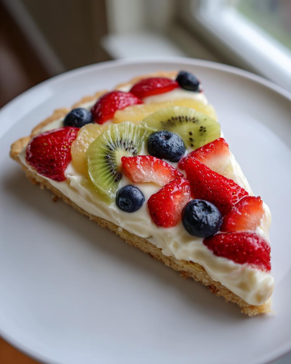 A perfect slice of fruit pizza sugar cookie topped with cream cheese frosting, strawberries, blueberries, kiwi, and pineapple.
