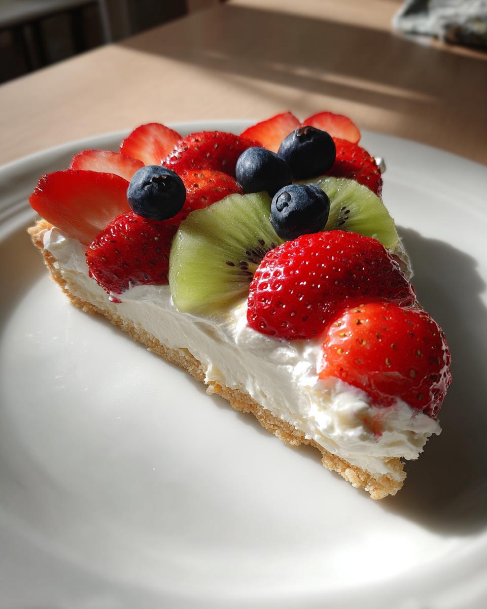 A close-up slice of fruit pizza sugar cookie topped with cream cheese frosting, strawberries, blueberries, and kiwi.