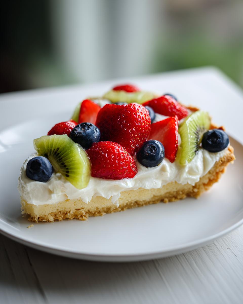 A slice of fruit pizza sugar cookie topped with cream cheese frosting, strawberries, blueberries, and kiwi.