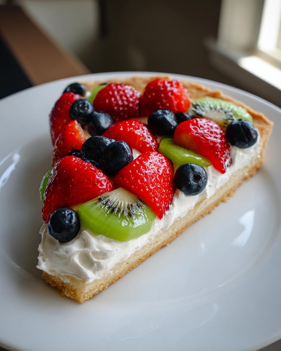 A slice of fruit pizza sugar cookie topped with cream cheese frosting, strawberries, blueberries, and kiwi slices.