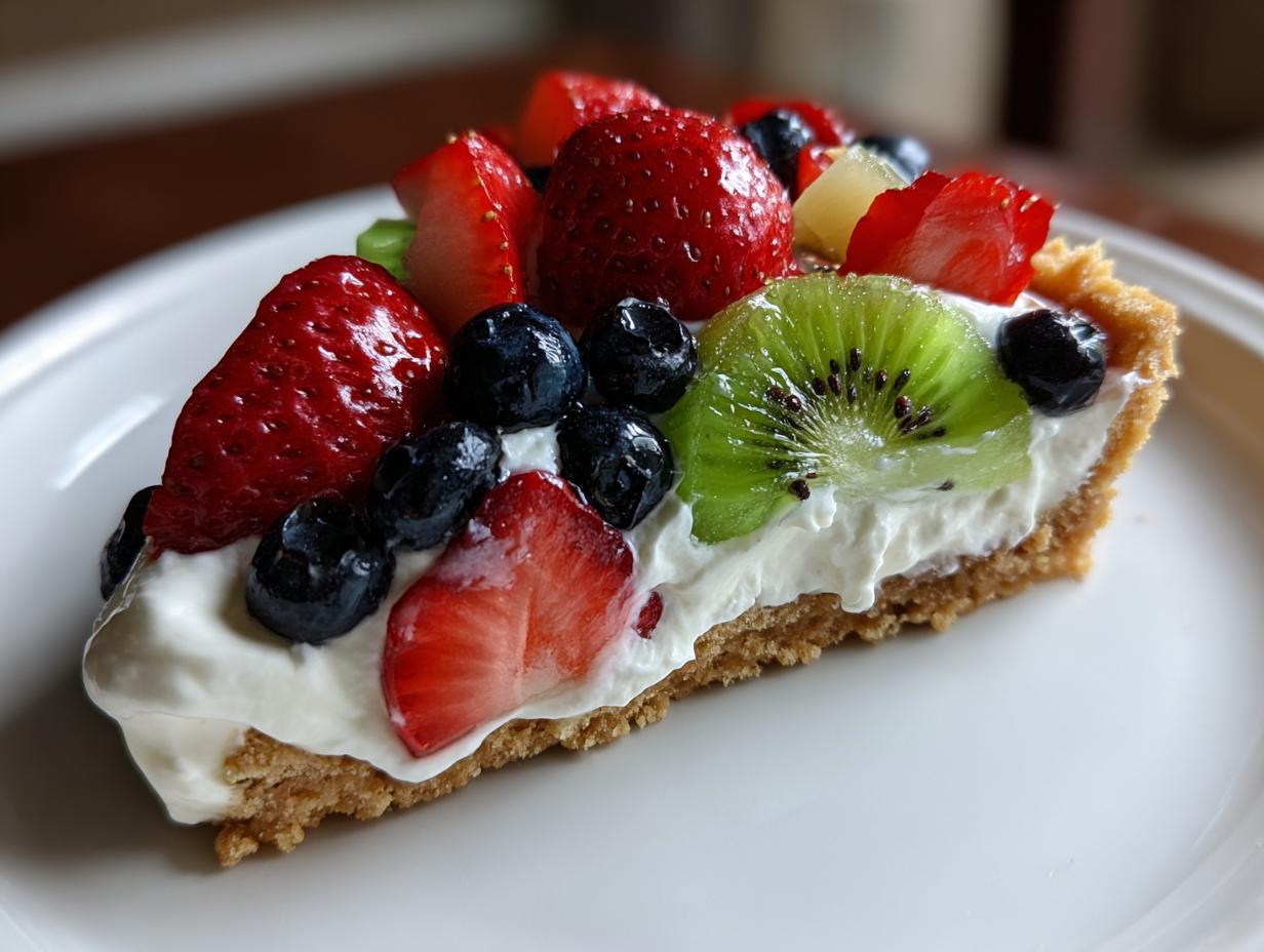 A close-up slice of fruit pizza sugar cookie topped with cream cheese frosting, strawberries, blueberries, and kiwi.