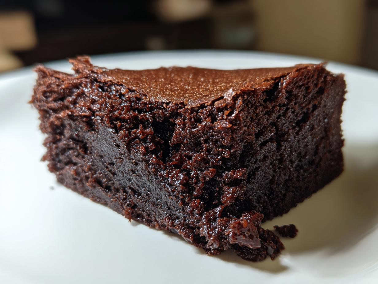 A close-up slice of incredibly rich, dark chocolate fudgy brownies resting on a white plate.