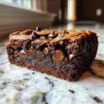 Close-up of a rich, fudgy chocolate square with melted chocolate chips, resembling a piece of hot fudge pie.