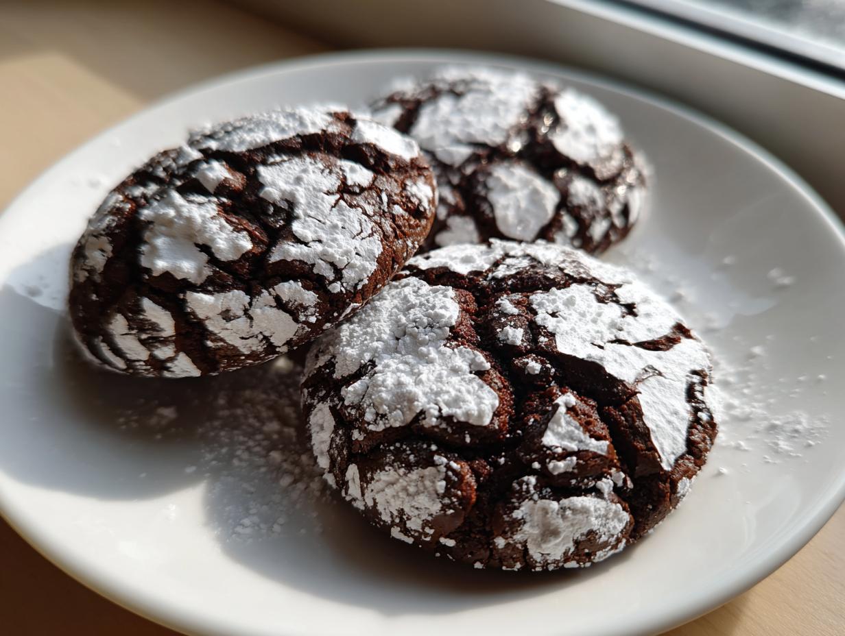 Three rich, dark chocolate crinkle cookies heavily dusted with white powdered sugar, resting on a white plate.