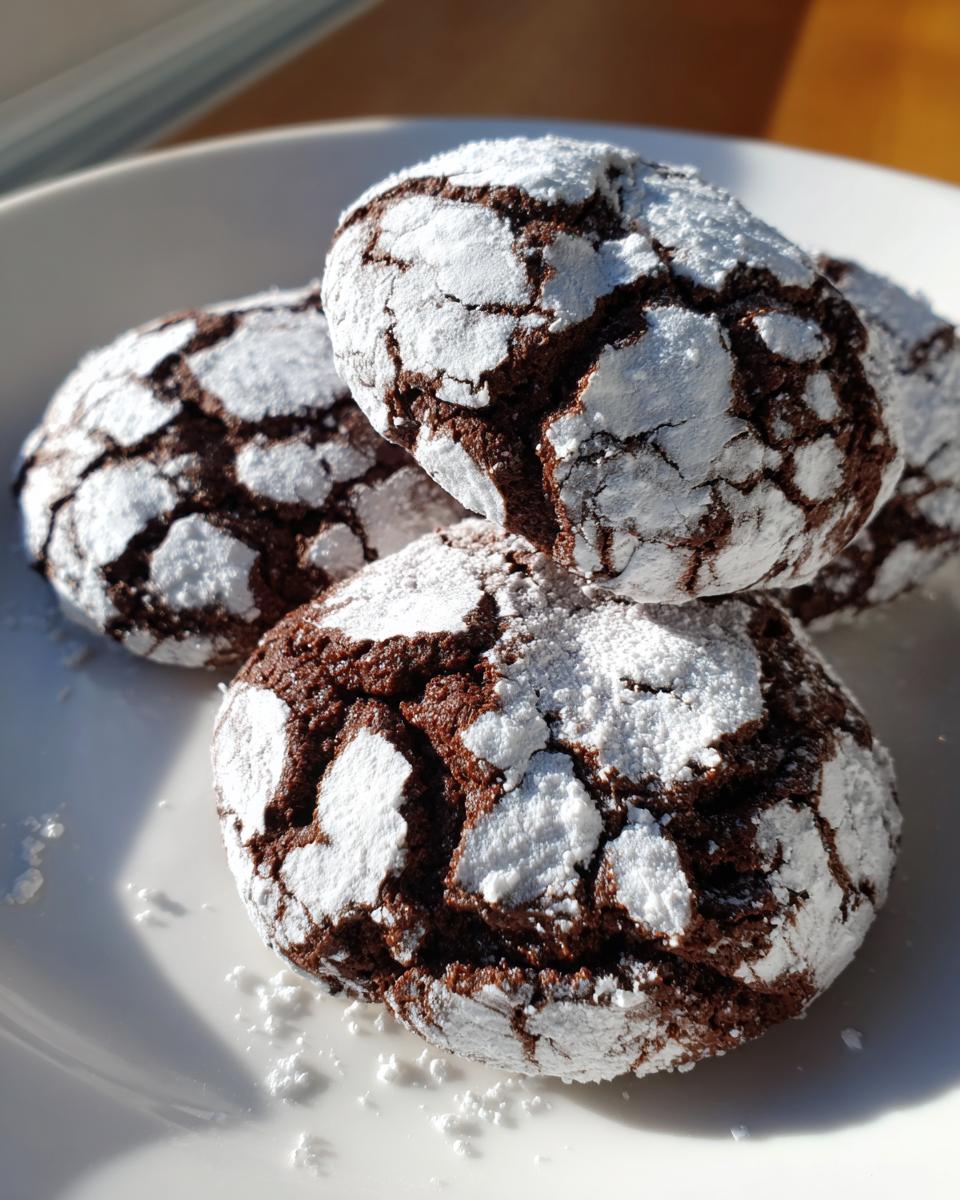 A stack of rich, dark chocolate crinkle cookies heavily dusted with powdered sugar on a white plate.