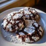 Three rich, dark chocolate crinkle cookies heavily dusted with powdered sugar on a white plate.