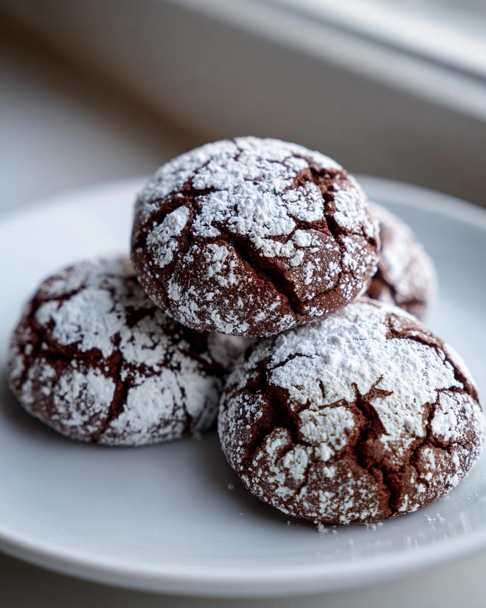 Close-up of several fudgy chocolate crinkle cookies heavily dusted with white powdered sugar on a white plate.