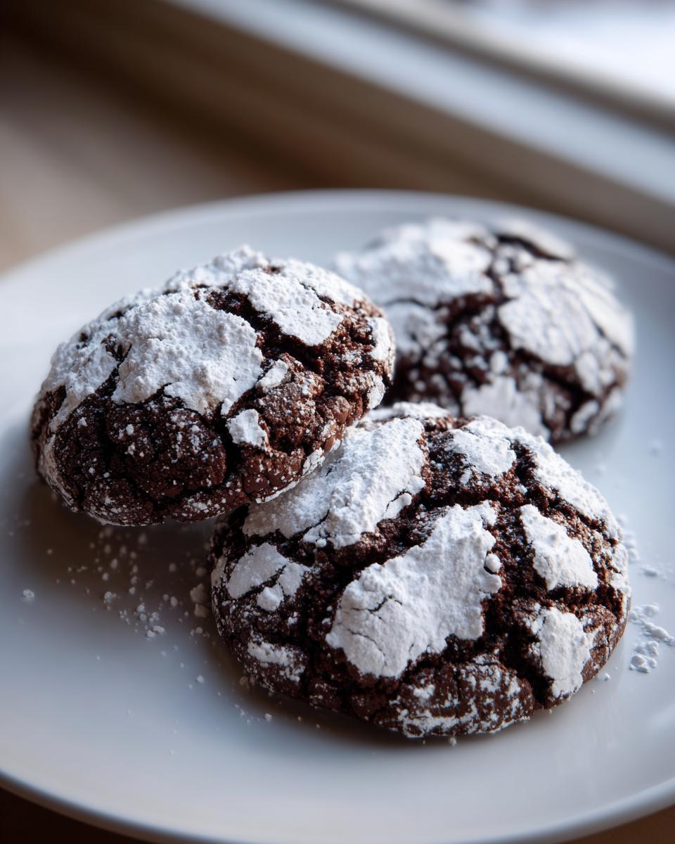Three fudgy chocolate crinkle cookies heavily dusted with white powdered sugar resting on a white plate.