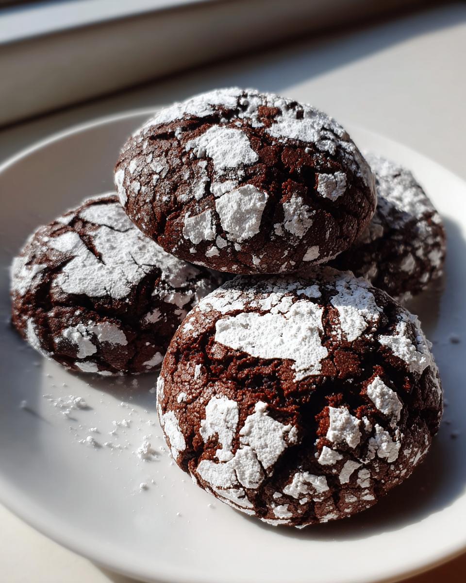 Close-up of four rich, dark chocolate crinkle cookies dusted heavily with white powdered sugar.