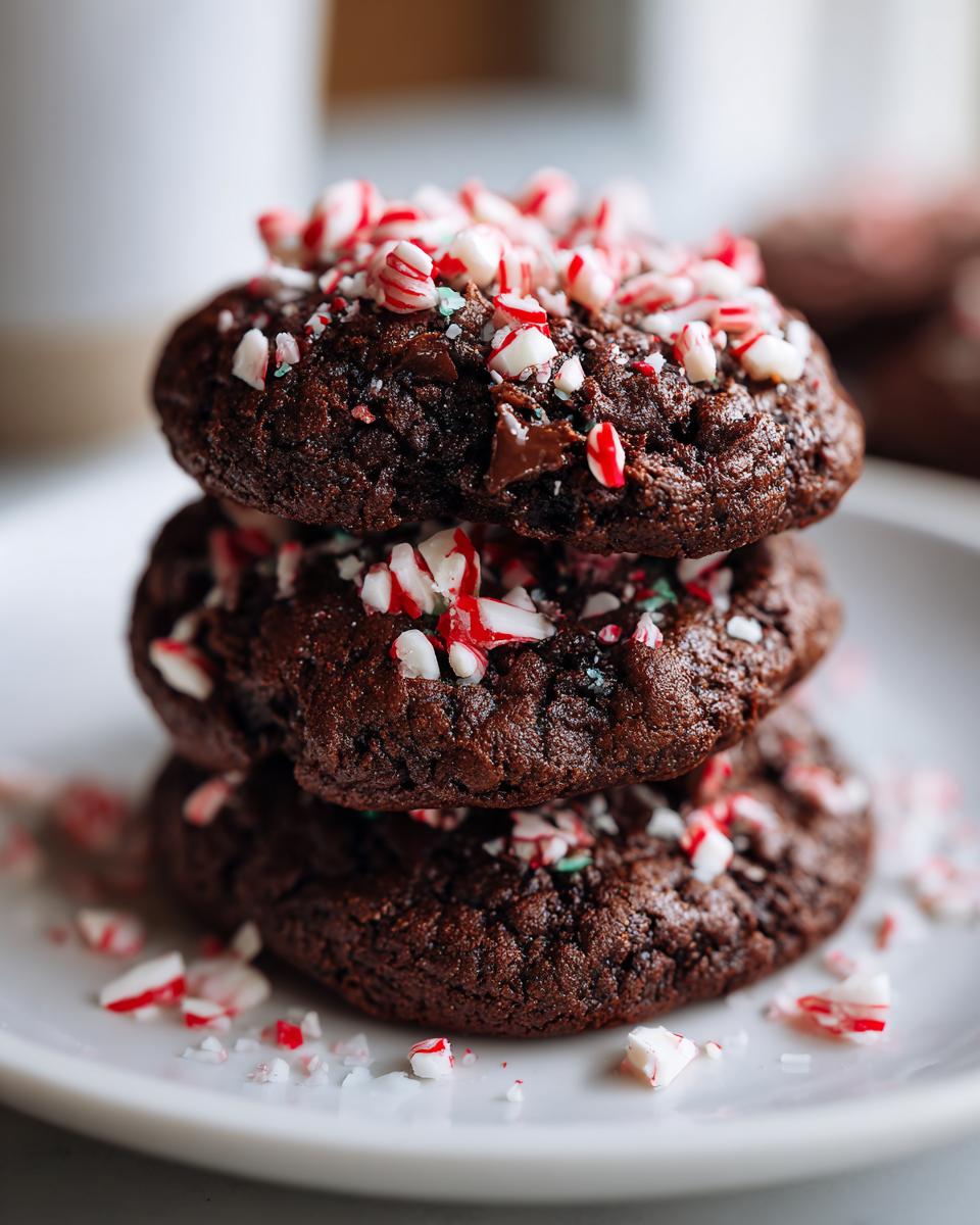 A stack of three fudgy chocolate peppermint cookies topped with crushed candy canes.