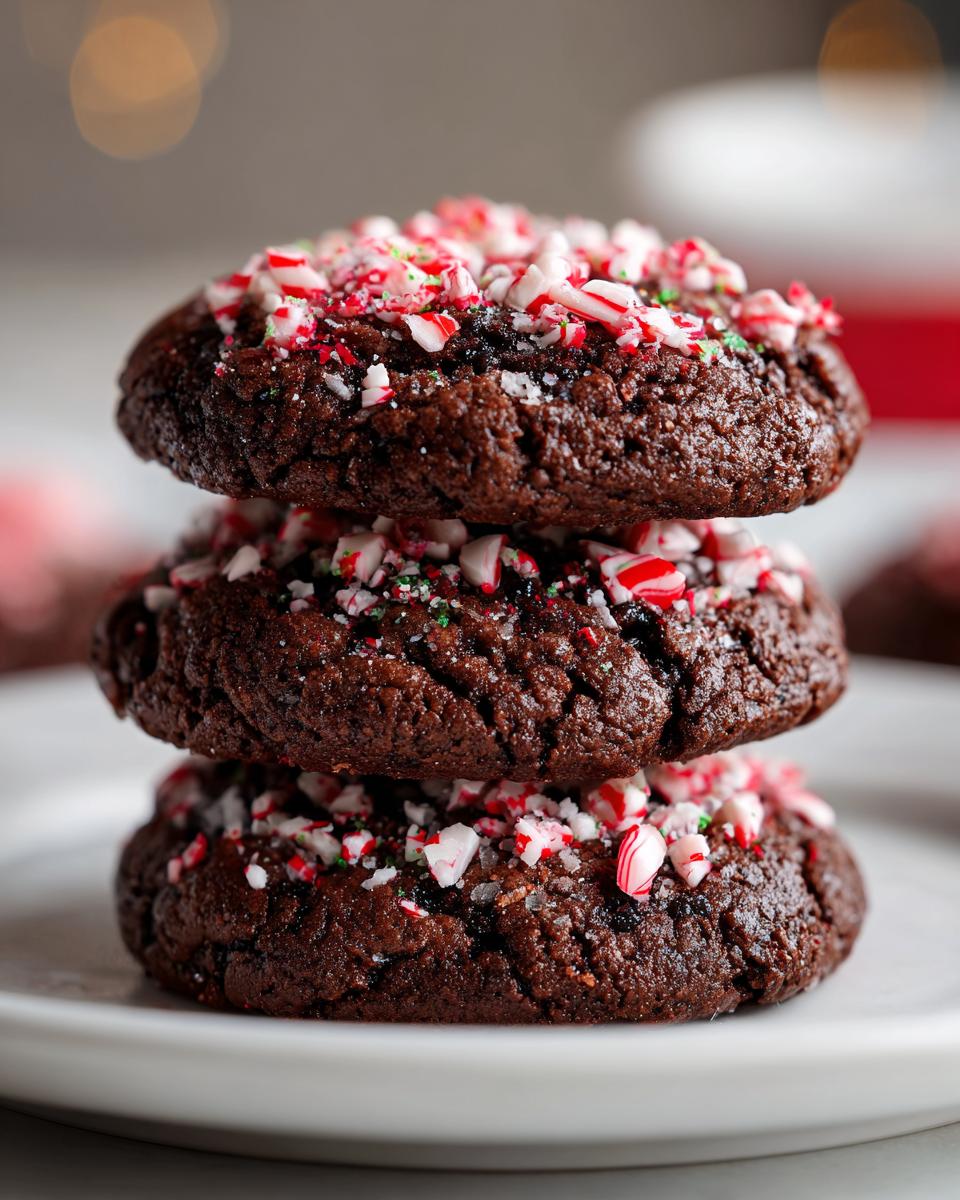 A stack of three fudgy chocolate peppermint cookies topped with crushed candy canes.