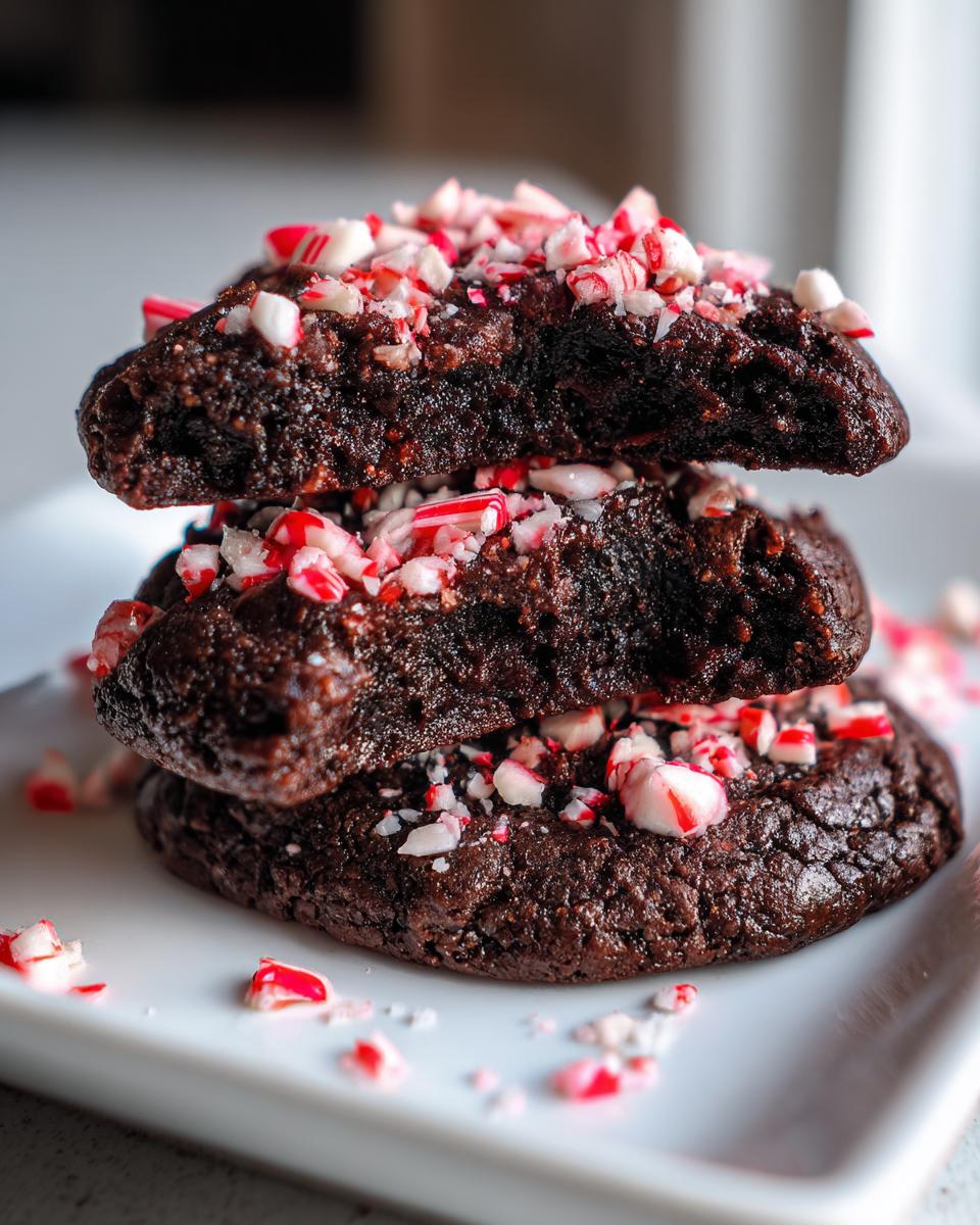 Stack of three fudgy chocolate peppermint cookies topped with crushed candy canes.