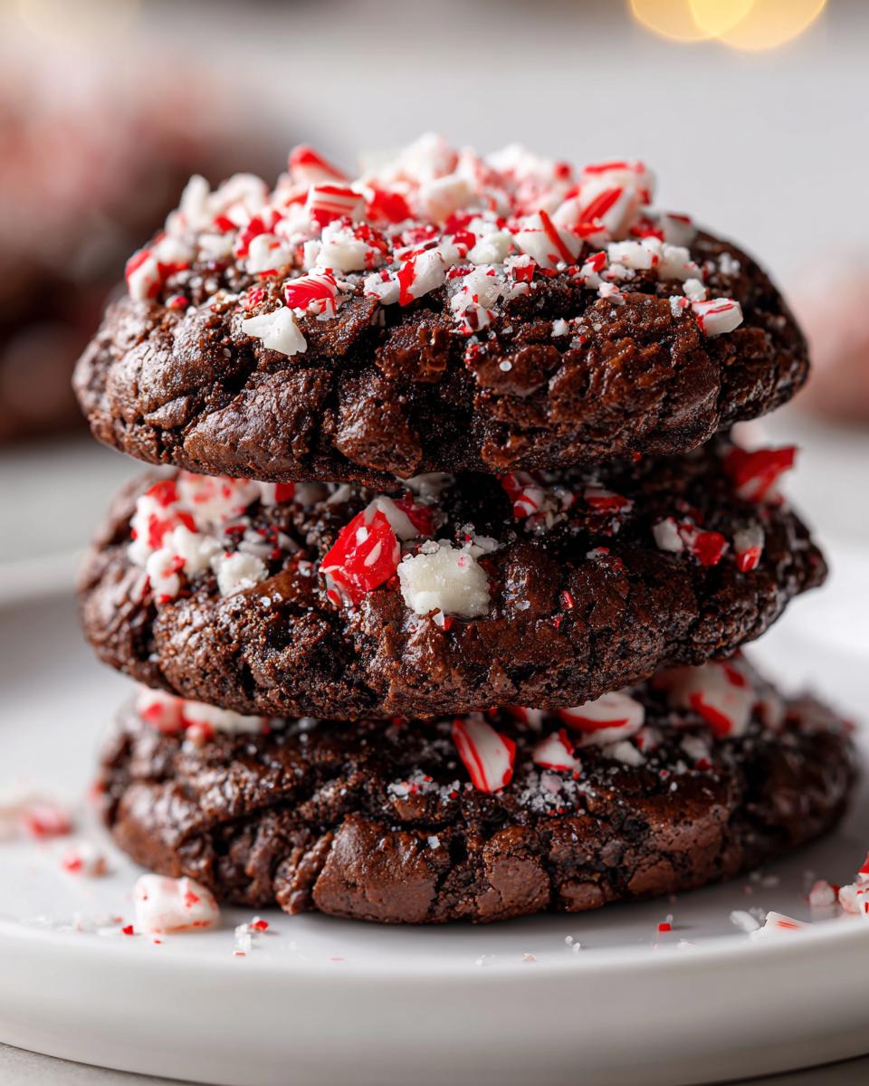 A stack of three fudgy chocolate peppermint cookies topped with crushed candy canes.