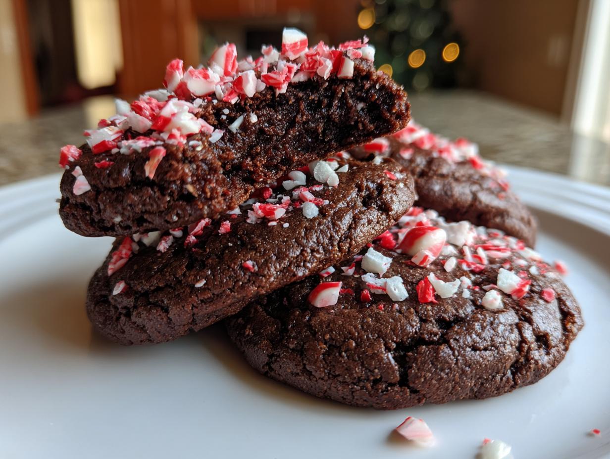 Close-up of fudgy chocolate peppermint cookies topped with crushed candy canes, one cookie is broken open.