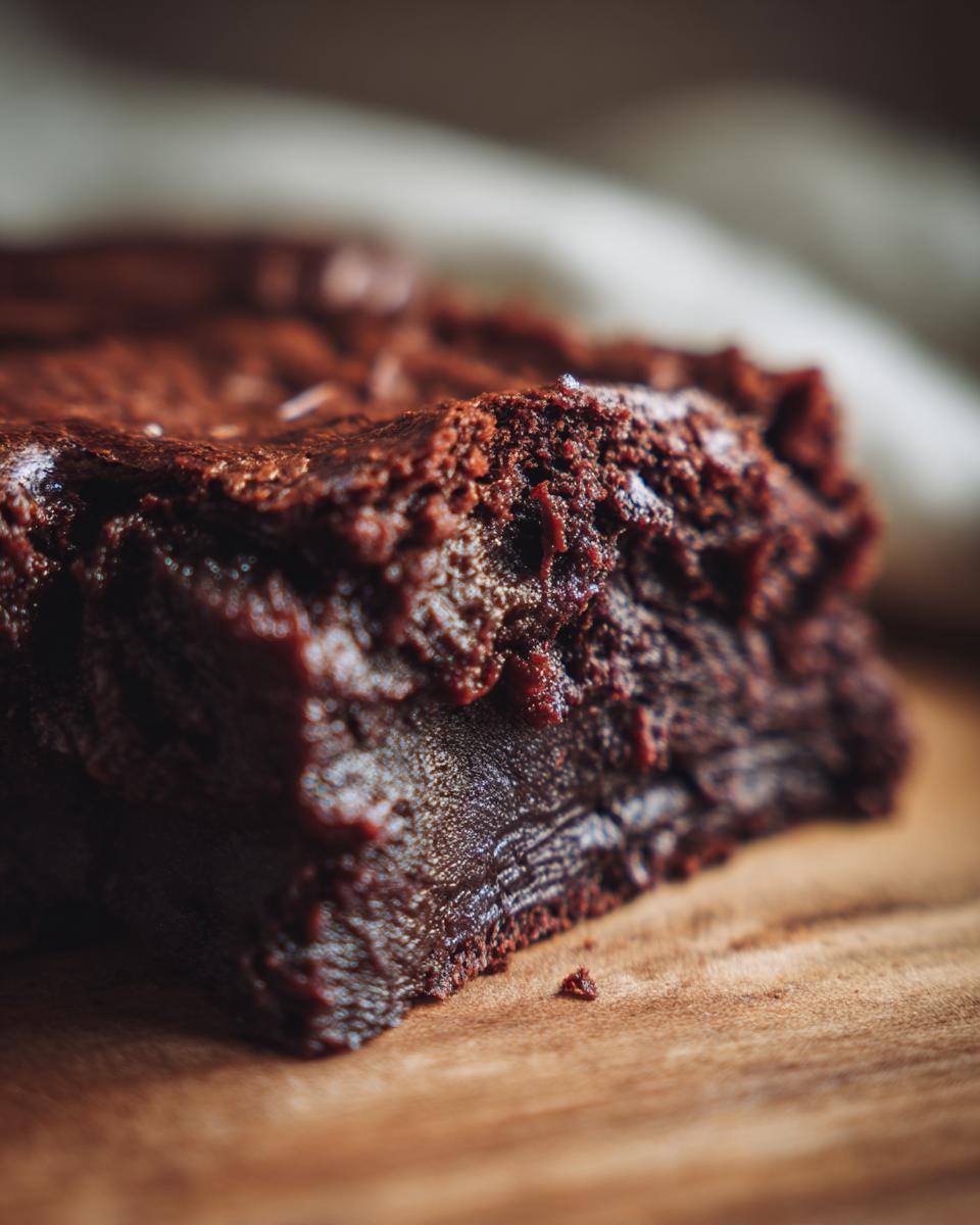 Close-up of a rich, fudgy Cottage Cheese Microwave Brownie slice on a wooden surface.