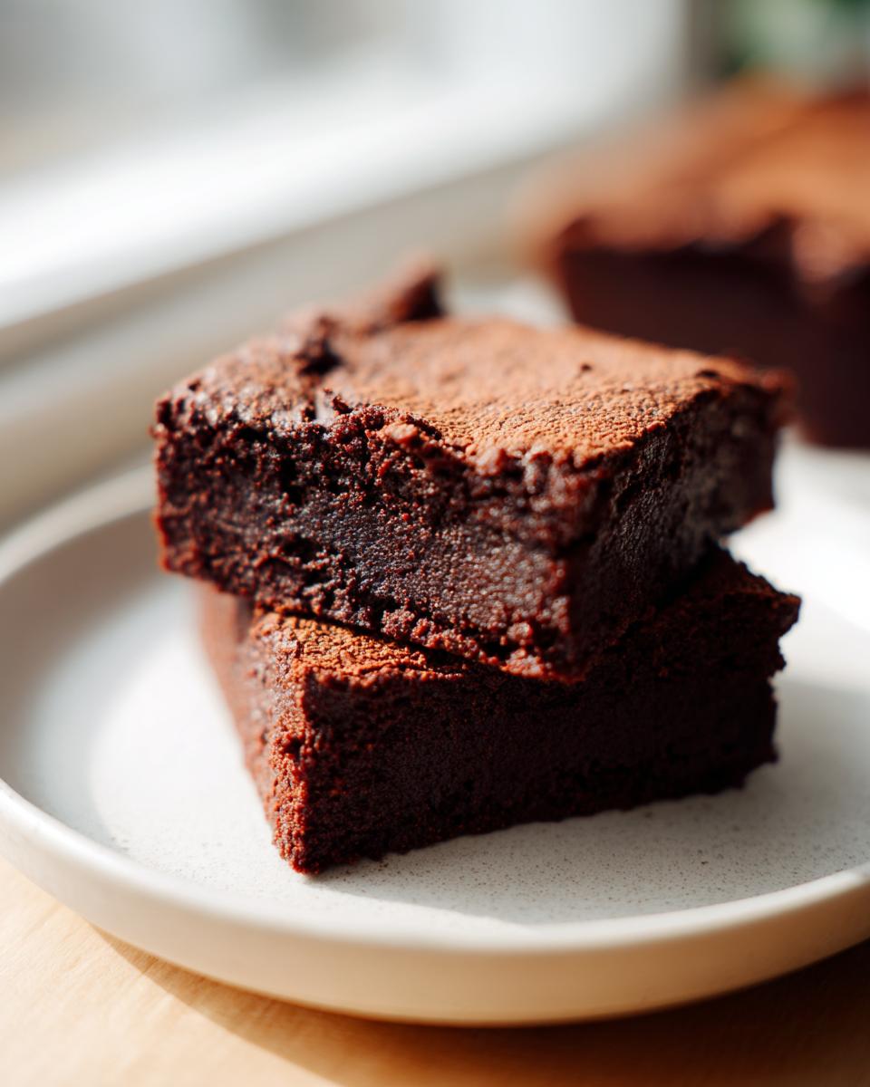 Two stacked, dense, fudgy sweet potato brownies dusted with cocoa powder on a white plate.