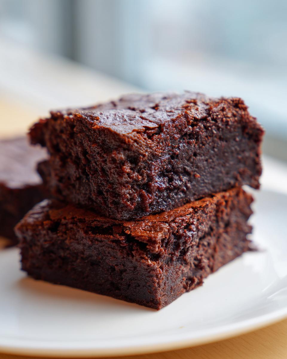 Two rich, fudgy sweet potato brownies stacked on a white plate, showing a moist interior.